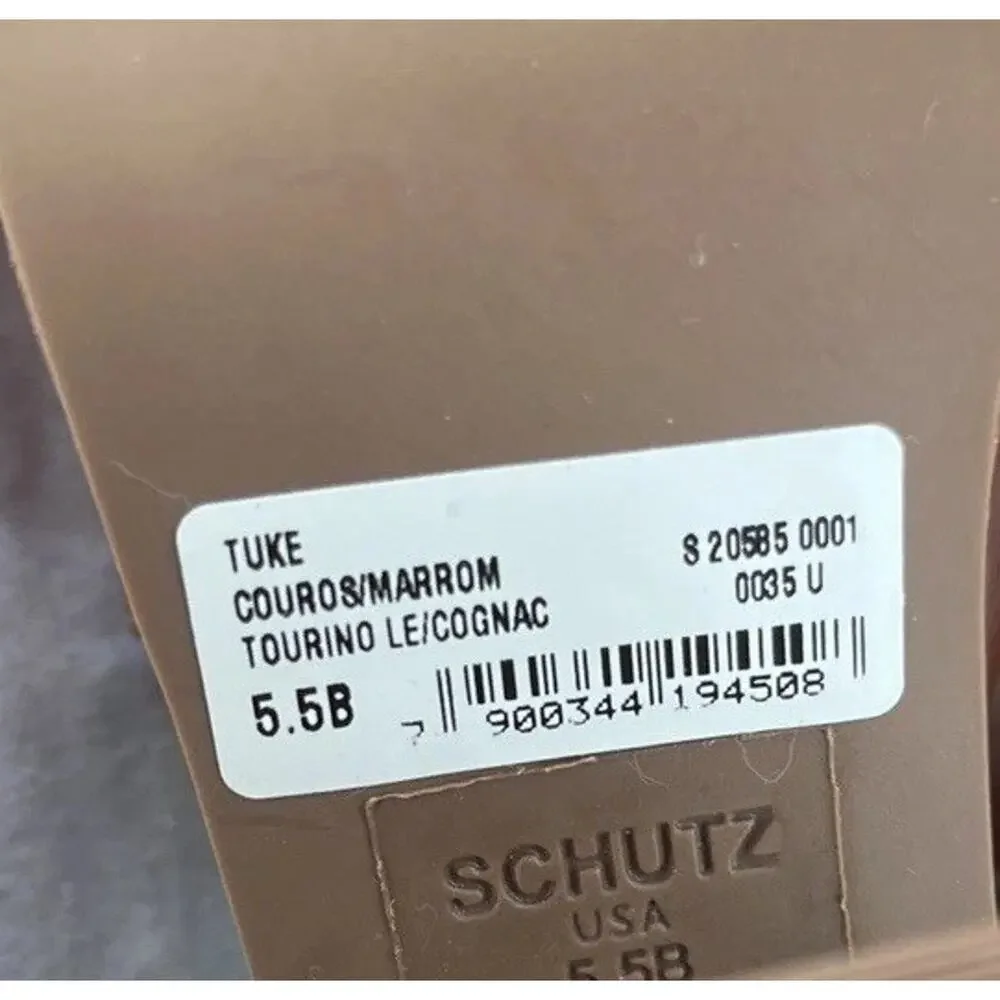 Schutz Tuke Platform Sandals Womens US 5.5 Cognac Brown Leather Chunky Heel NWOB